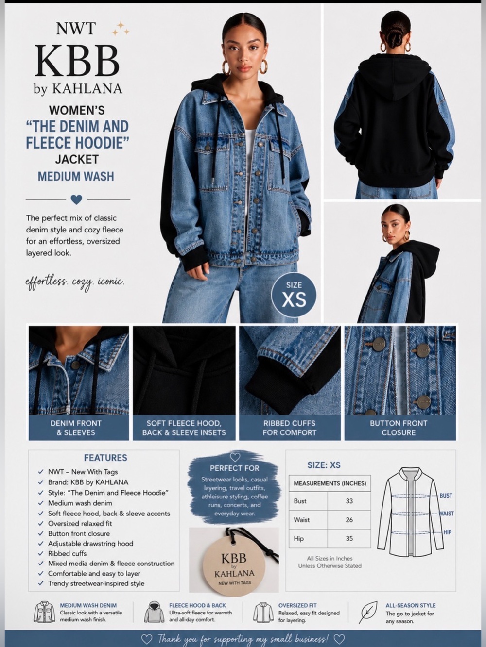 KBB by Kahlana Women’s Denim and Fleece Hoodie Jacket — Medium Wash Blue size XS